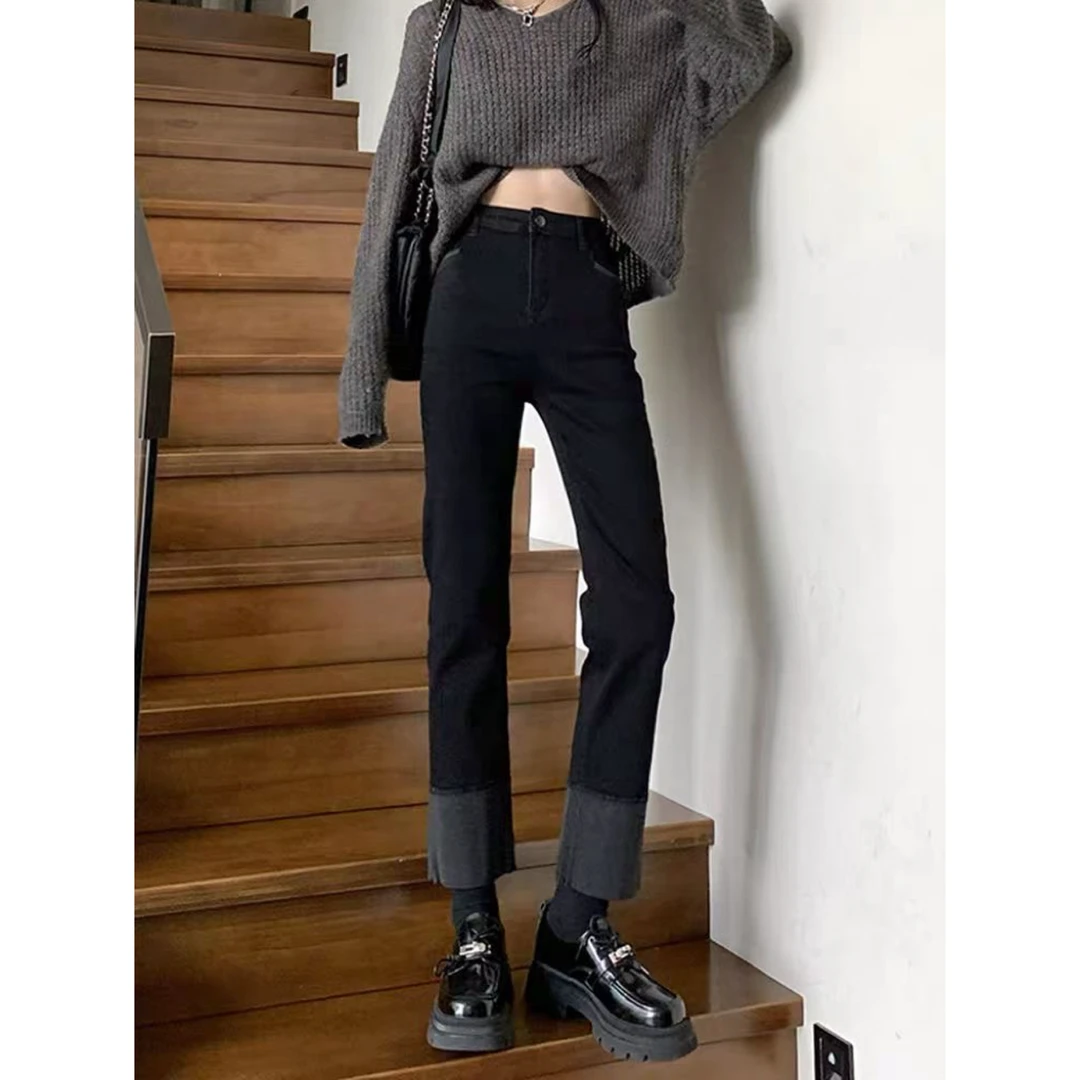 大码微胖mm早秋高腰直筒高级显瘦百搭小个子春秋新款女烟管牛仔裤