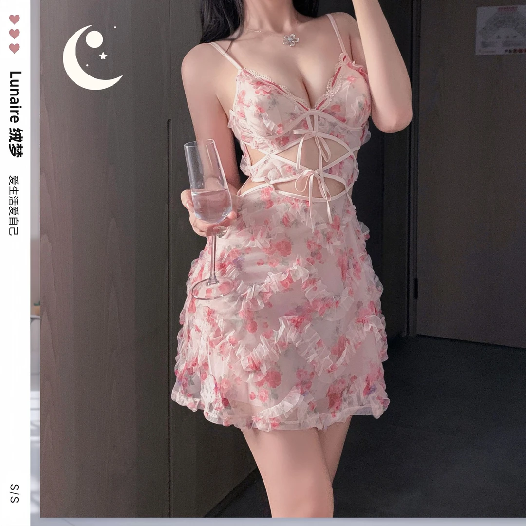 纯欲爱神【80-120 斤】碎花绑带法式 ins 款吊带女士薄款性感睡衣
