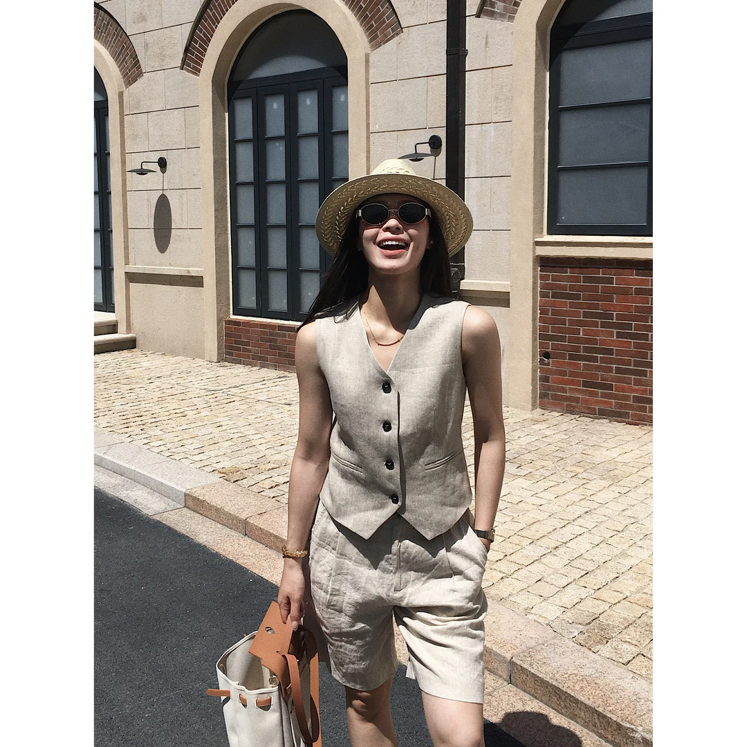 Yihouse【暮色】亚麻马甲小众设计单排扣V领西装马甲女款Y8397