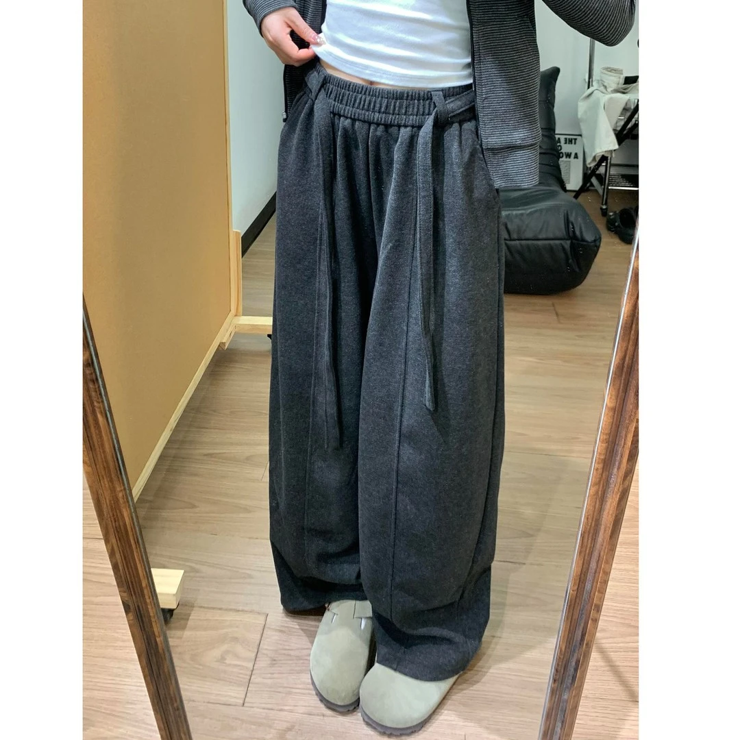 冬季黑灰色加绒加厚垂感直筒阔腿裤女大码梨形身材高腰显瘦休闲裤