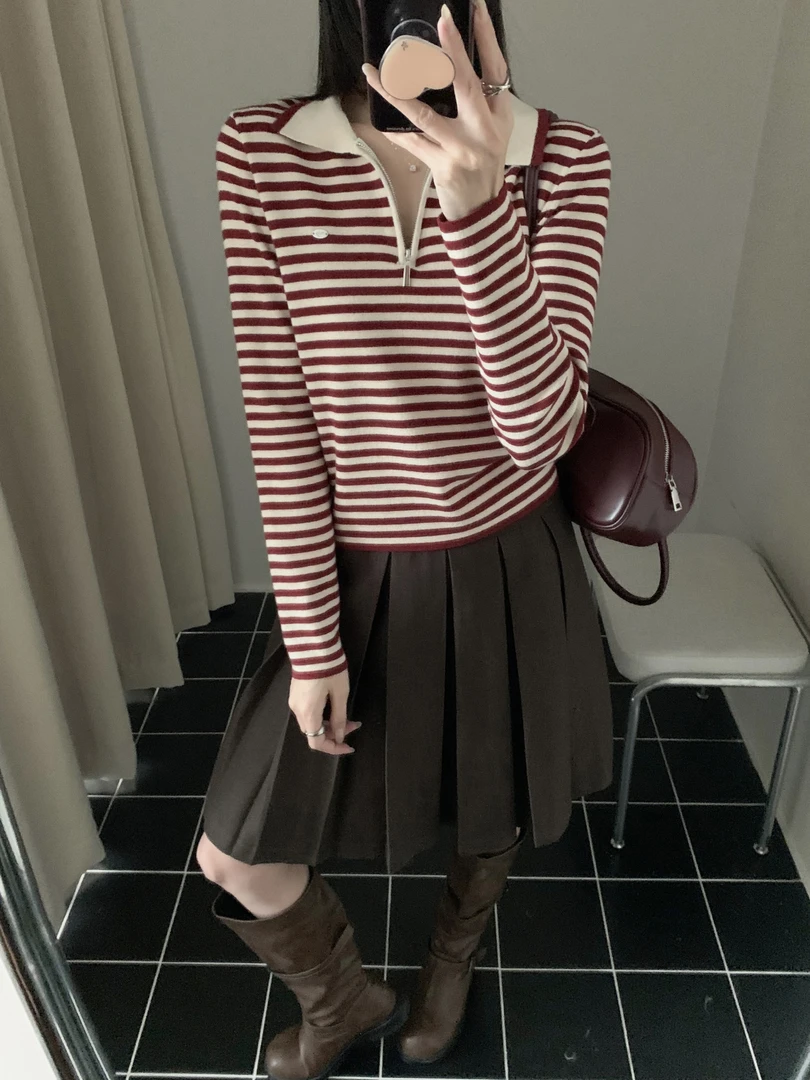 polo领半拉链条纹长袖t恤女2025早秋新款抽绳系带宽松打底衫上衣