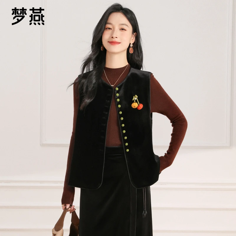 梦燕春秋女款时尚短款百搭新中式丝绒马甲休闲短款上衣AA07B5007