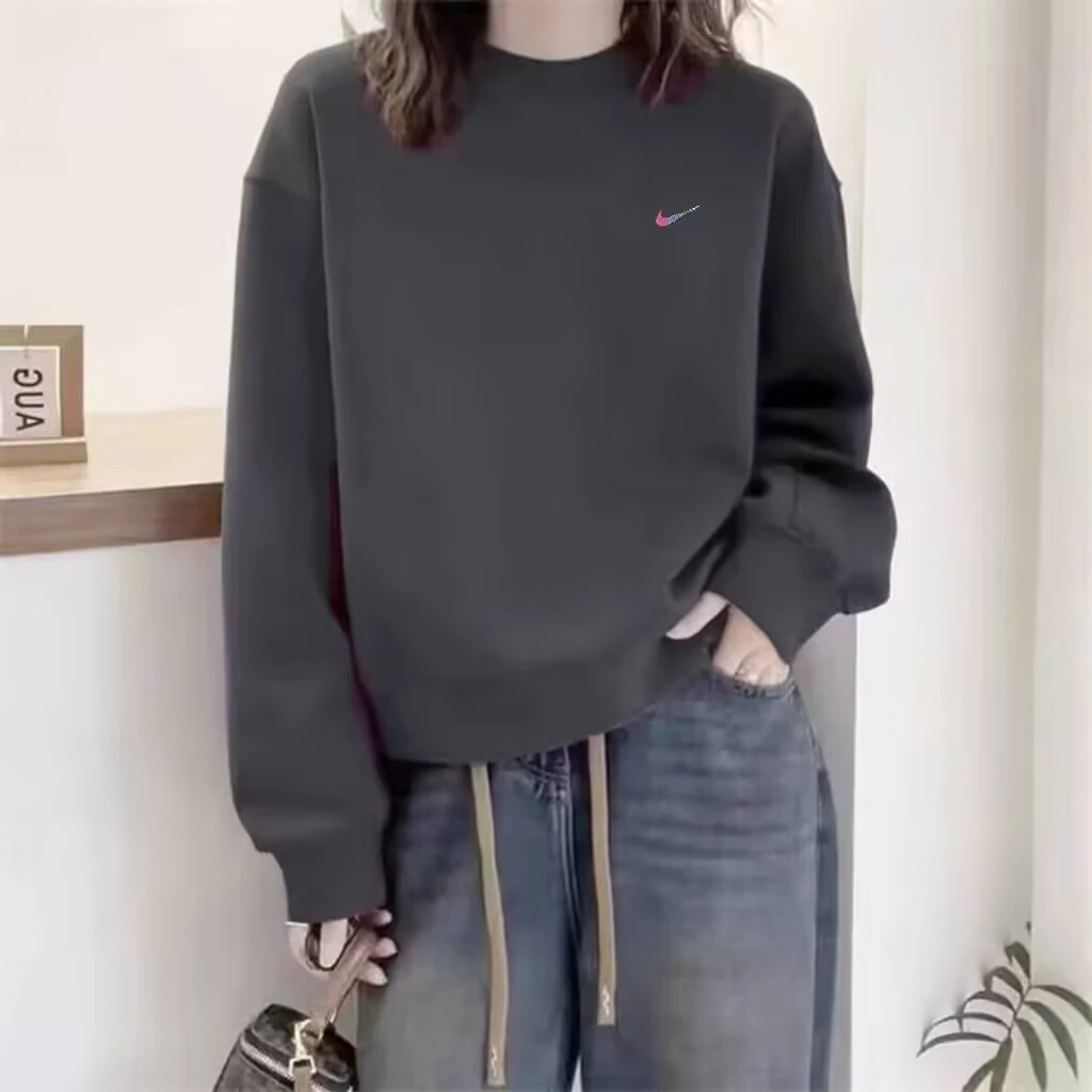 奥特莱斯官方正品深灰色圆领套头卫衣女宽松2025新款秋季加绒上衣