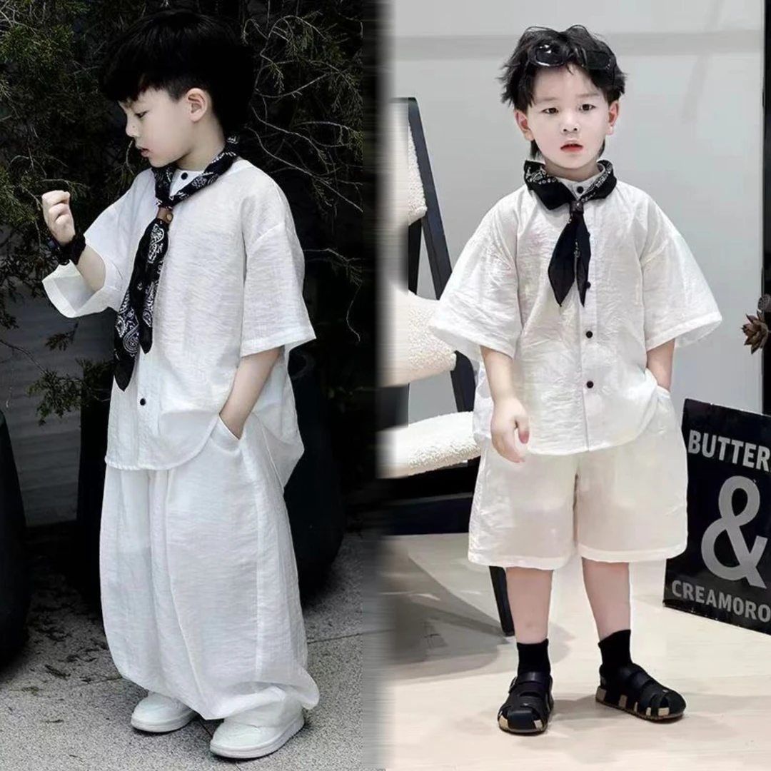 白开水！送领巾~男童夏季新款儿童清爽透气白色简约清爽短袖套装
