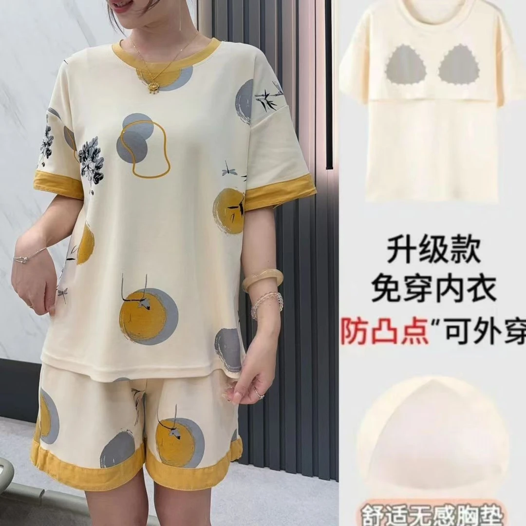 睡衣女夏季自带胸垫水墨画纯棉短袖短裤家居服睡衣套装纯棉睡衣