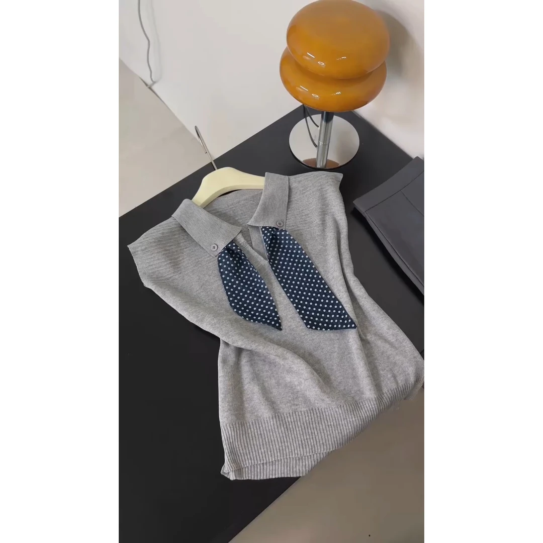 翻领波点丝巾针织背心女2025新款夏季薄款百搭无袖坎肩上衣ins潮