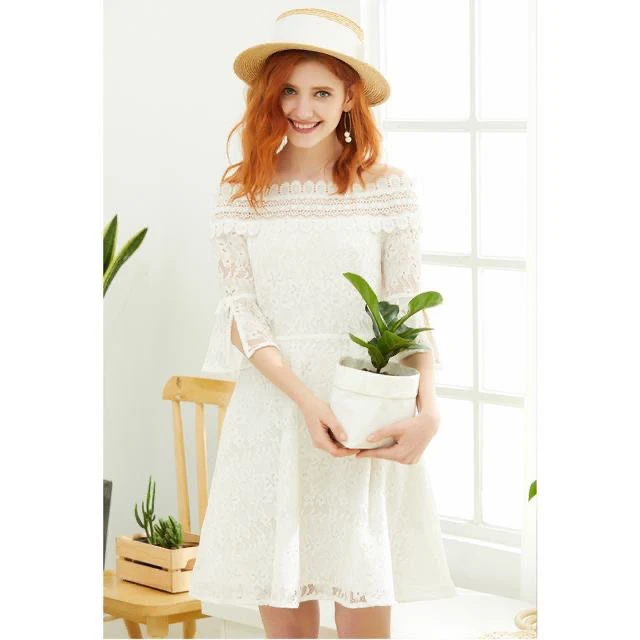 【不退换】朵以夏季一字肩喇叭袖蕾丝连衣裙34DX806201原349现65
