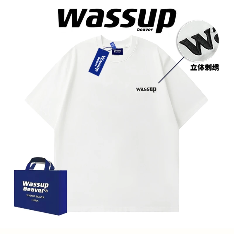 WASSUP BEAVER夏季情侣宽松圆领半袖休闲百搭立体刺绣短袖T恤男女