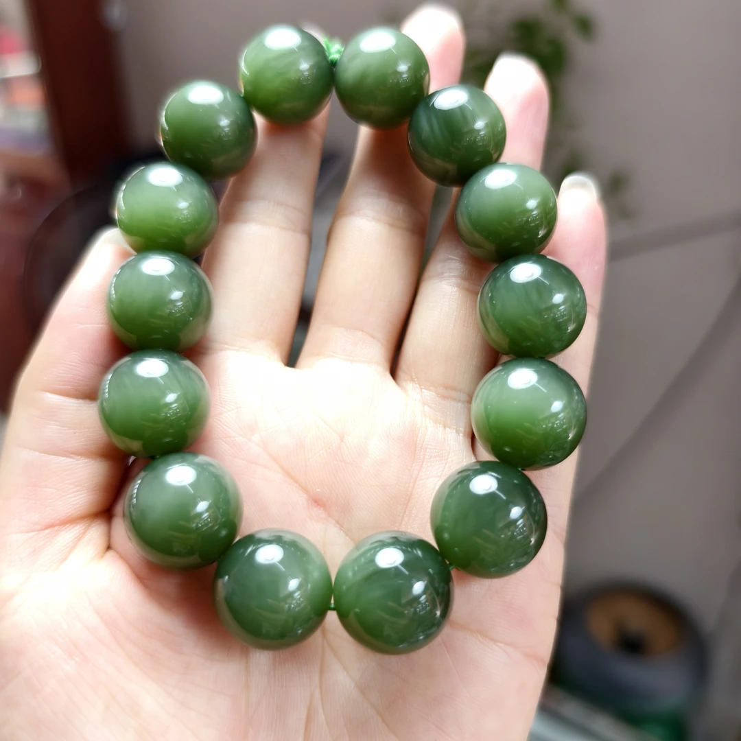 和田玉粉青碧玉猫眼手串16mm