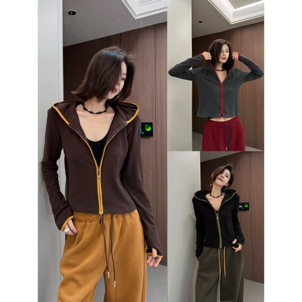 Aila｜秋冬新款连帽拉链短外套上衣百搭短款休闲秋季女包袖常规款