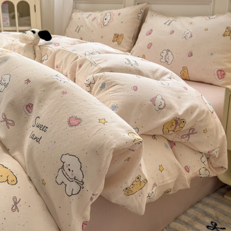 纯棉双层纱床上四件套卡通可爱100全棉床单花被套宿舍床品三件套