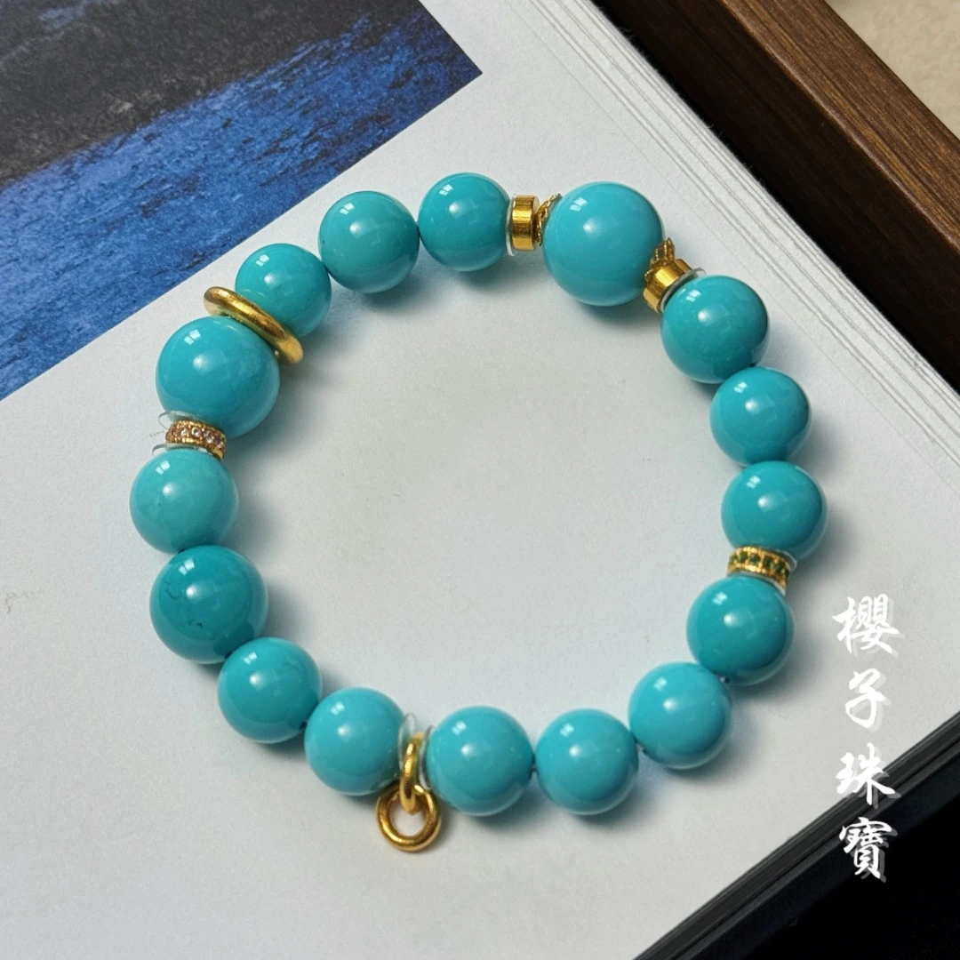 樱子 | 花庭雪 18K金原矿高瓷蓝绿松圆珠时尚设计手串*YZLS3331