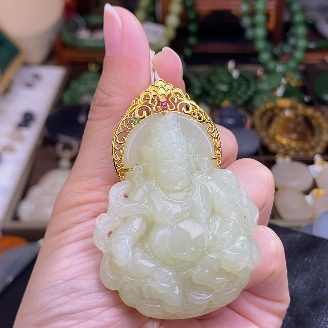 和田玉黄口黄财神清货价吊坠18.K金未镶嵌