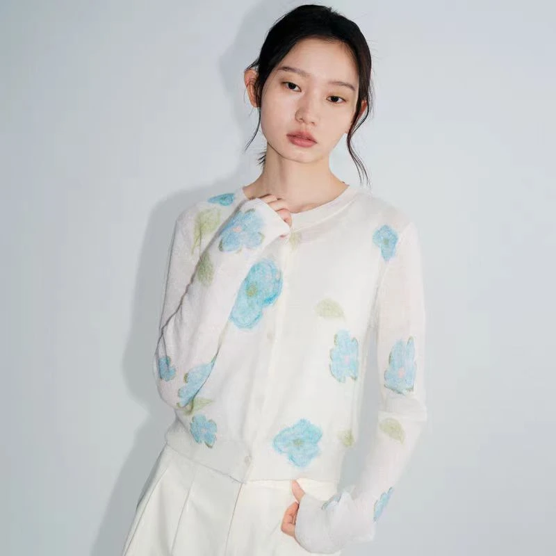 【丁香】春季新款时尚简约甜美花朵印花针织开衫上衣.K50310a