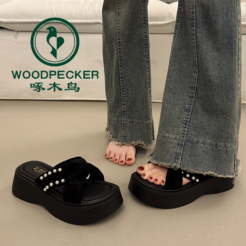 啄木鸟法式绝美厚底凉拖鞋女夏外穿2025爆款超火新款外出坡跟拖鞋