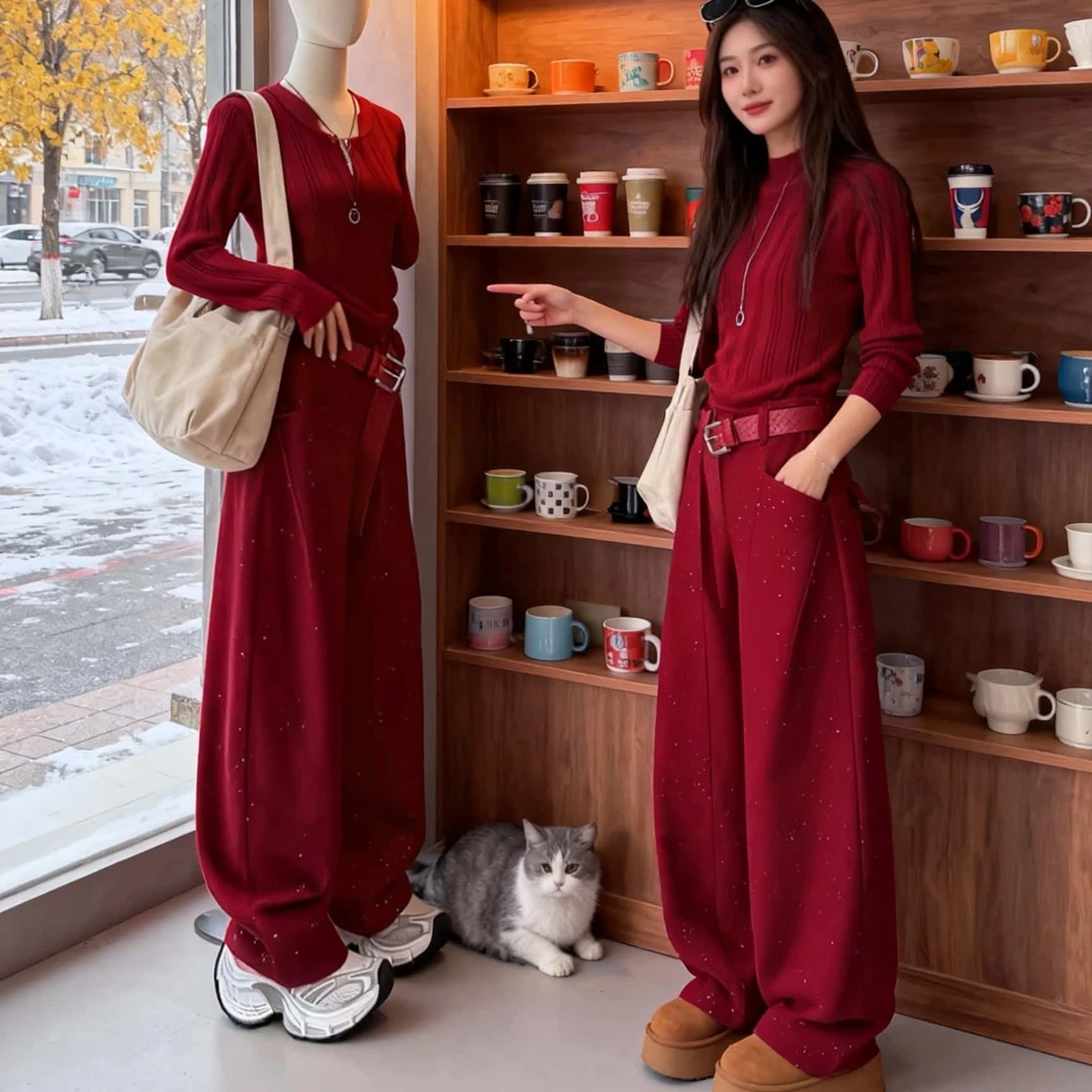红色加绒弯刀西装裤女2026新款冬季大码显瘦气质百搭流行阔腿裤子