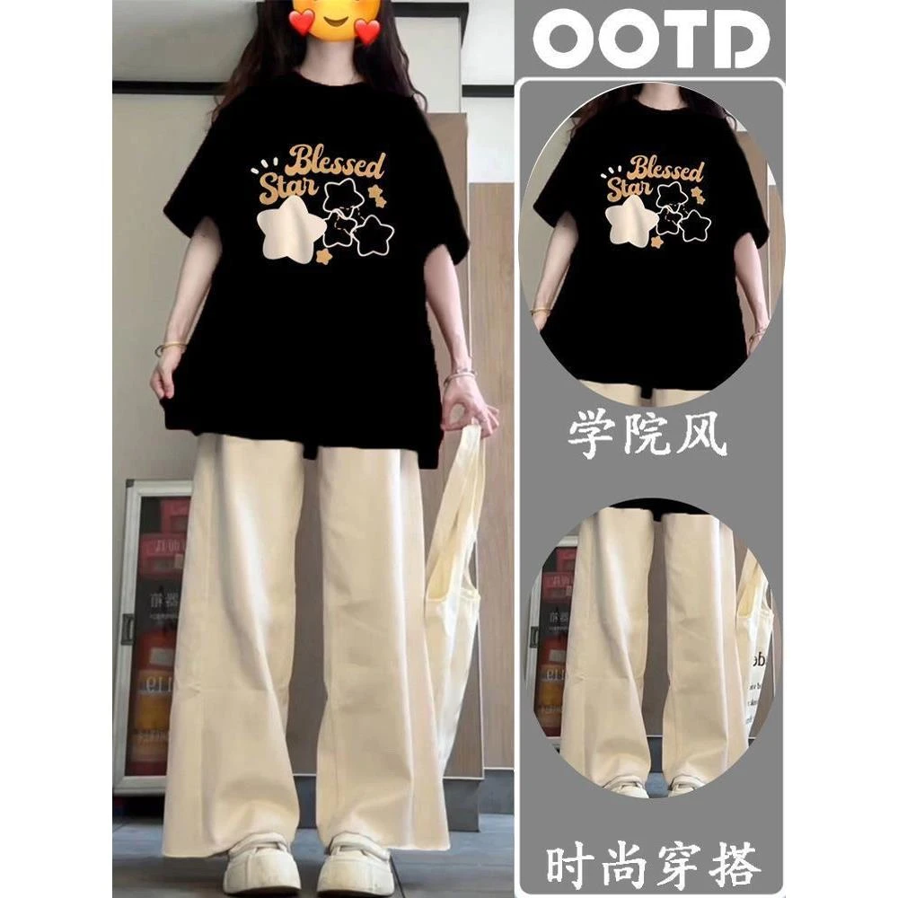 夏季棉短袖t恤套装女大童新款少女初高中学生学院风休闲裤两件套