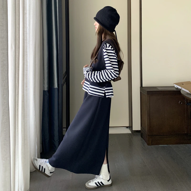 韩系秋季休闲风卫衣套装女2025新款慵懒蓝色条纹上衣半身裙两件套