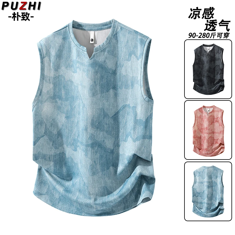 冰丝背心男款夏季凉感透气潮牌痞帅短袖上衣服宽松大码无袖t恤潮