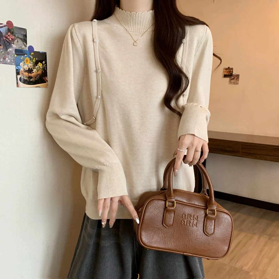 【钉珠百搭针织毛衣】半高领显瘦洋气秋冬针织衫-苋 17069(908)