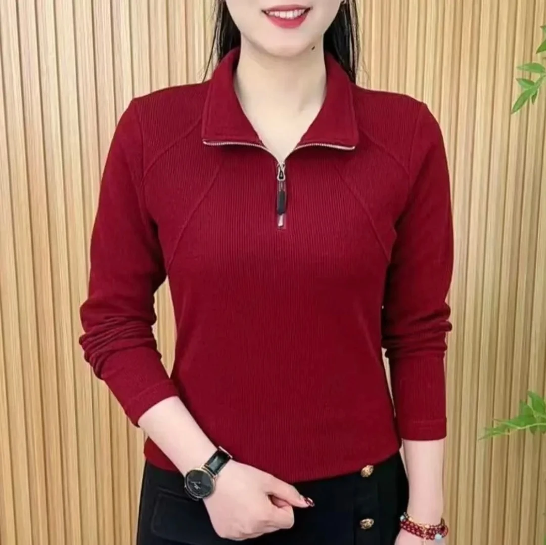 A-1春季新款时尚2025拉链纯色洋气打底小衫女装显瘦百搭长袖上衣