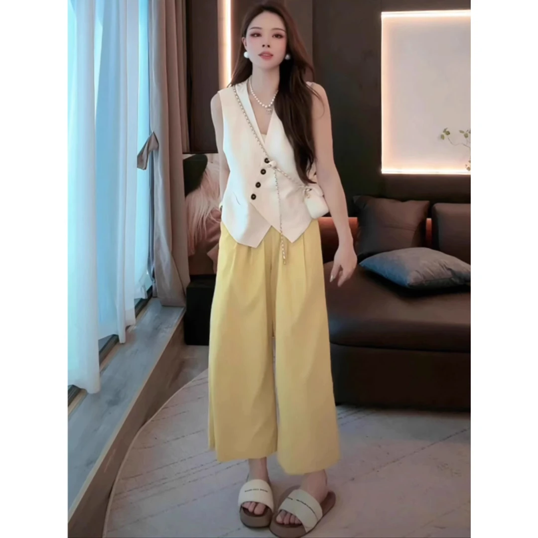 【夏季穿搭】法式高级感V领无袖气质背心马甲休闲阔腿裤两件套装女