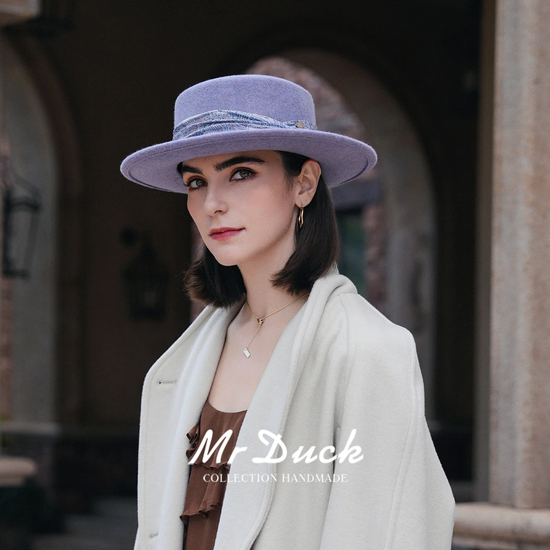Mr DUCK天后赫拉 进口澳洲90支细羊毛平顶礼帽女手工高雅印花织带