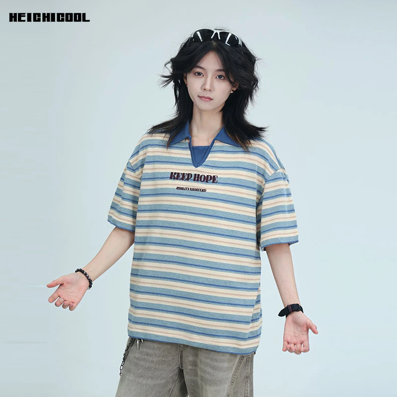 美式潮牌复古短袖T恤男女夏季学院风翻领polo衫条纹上衣