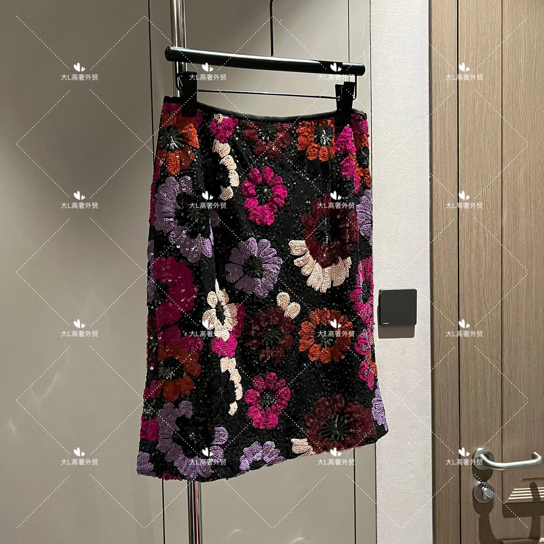 【大L】重磅外贸进口高奢重工设计师风百搭花朵亮片半身裙25383