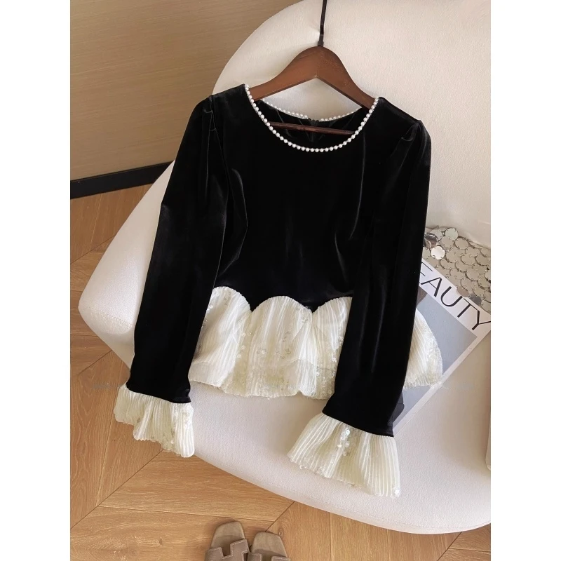 固质网纱拼接荷叶边撞色秋季短款亮片钉珠金丝绒外穿打底衫上衣潮