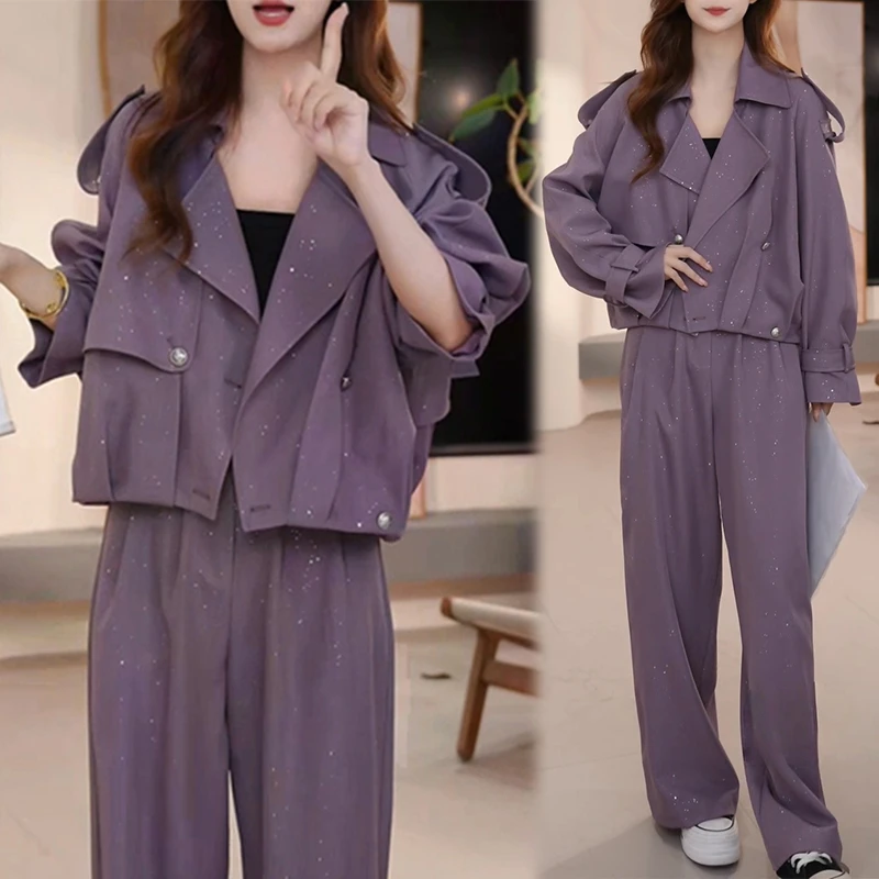 欧货休闲工装套装女2025年春秋新款短款风衣外套高腰阔腿裤两件套