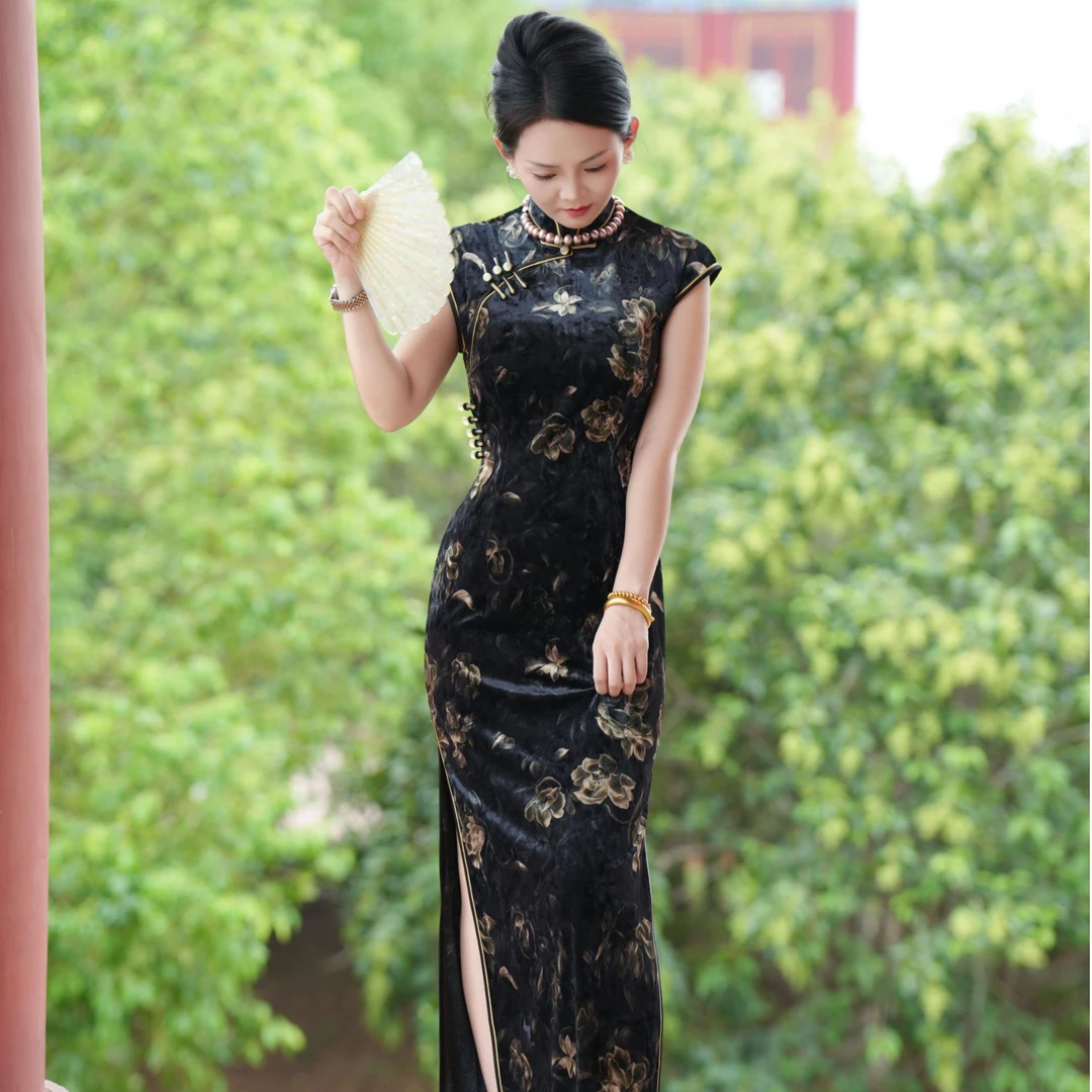 新钻石绒夏季新款手工长款旗袍遮肚子裙子显瘦气质高档日常中国风