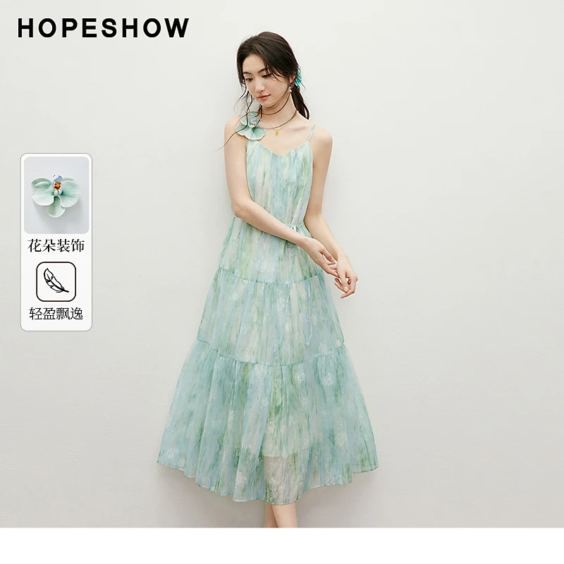 红袖2025夏季新款女装【薄荷夏日】提花V领印花吊带裙90125181612