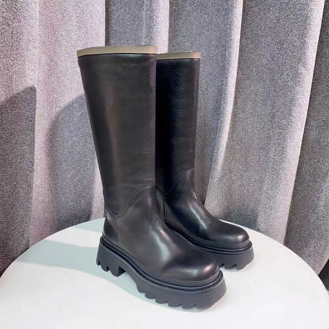 【表弟严选】C2010 黑色 秋冬时尚圆头女真皮一脚蹬高筒靴