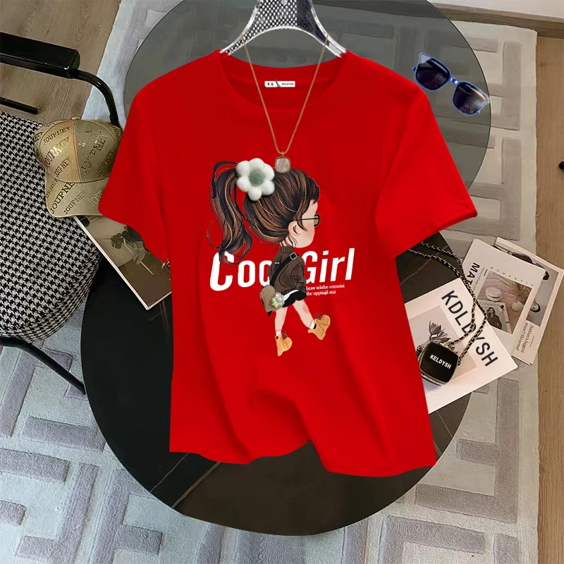 短袖纯棉T恤女2025夏季新款时尚百搭宽松显瘦印花圆领正肩体恤潮