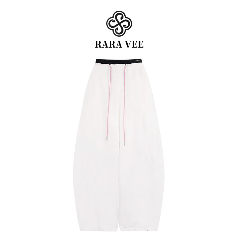 RARA VEE 夏季撞色松紧腰白色阔腿弯刀裤抽绳速干休闲裤百搭88561