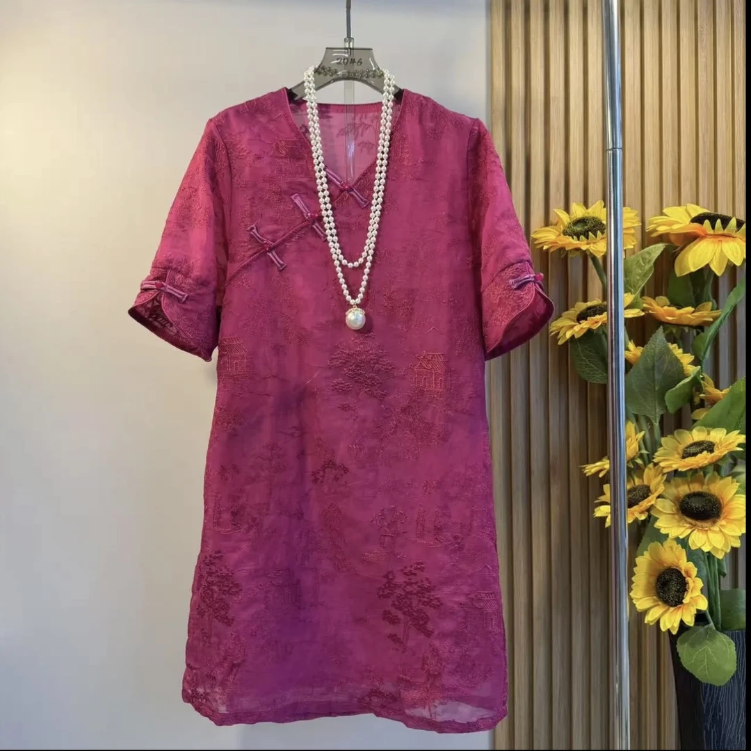 猫家YZM新中式国风复古斜襟五分袖提花显瘦连衣裙