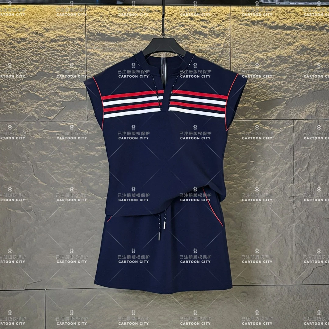 WMA-A384设计师款丨<蓝白条系列>夏季T恤短裙休闲小V领时尚套装