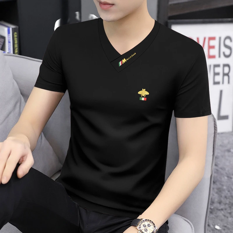 莫代尔男士冰丝短袖t恤夏季V领修身冰感速干休闲体恤上衣潮流半袖