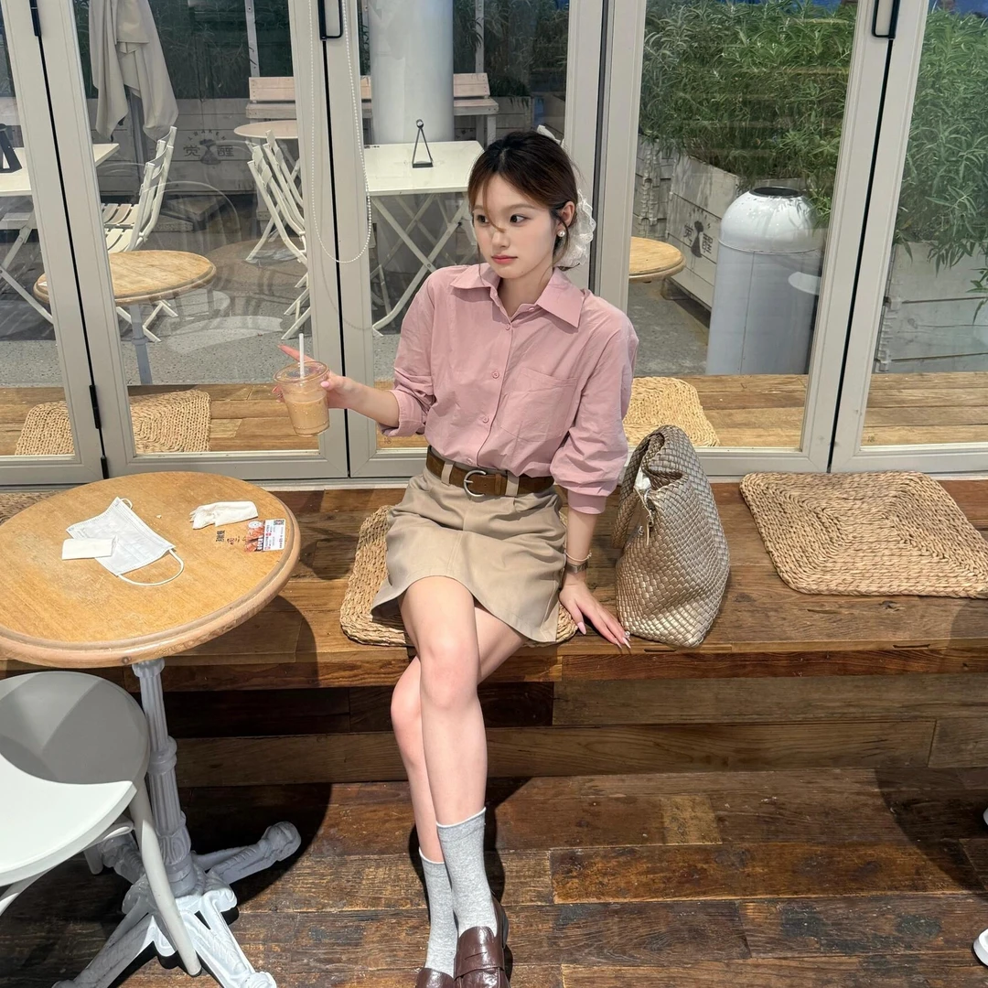 韩系网红粉色外穿长袖衬衫女早秋洋气慵懒风宽松休闲气质上衣衬衣