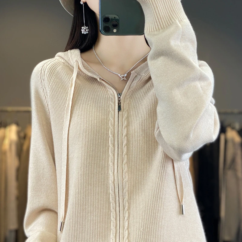 秋冬连帽针织衫女宽松长袖双拉链外套毛衣慵懒风帽子女款冬季保暖