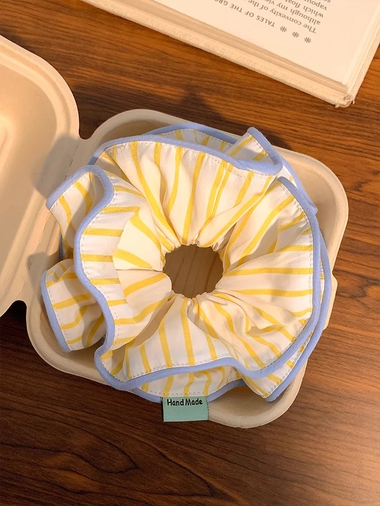 柏林落日~黄色条纹大肠发圈女高级感发饰法式丸子头超大头绳韩系