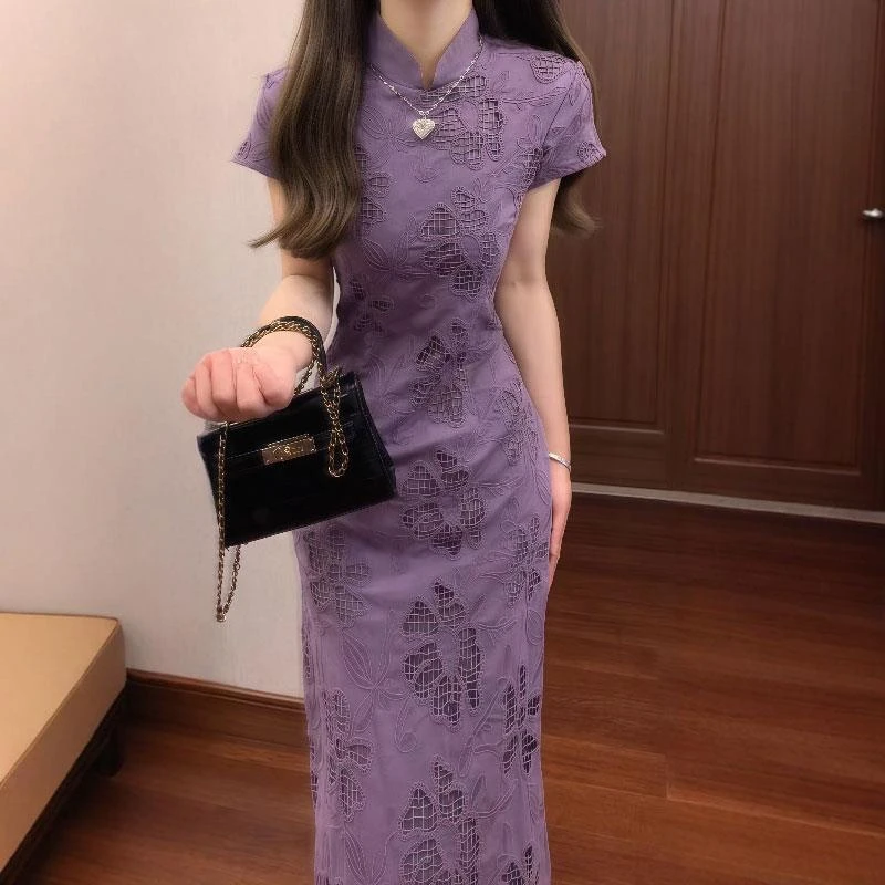 法式漂亮独特印花连衣裙小众时尚气质修身包臀旗袍长裙2025年夏季