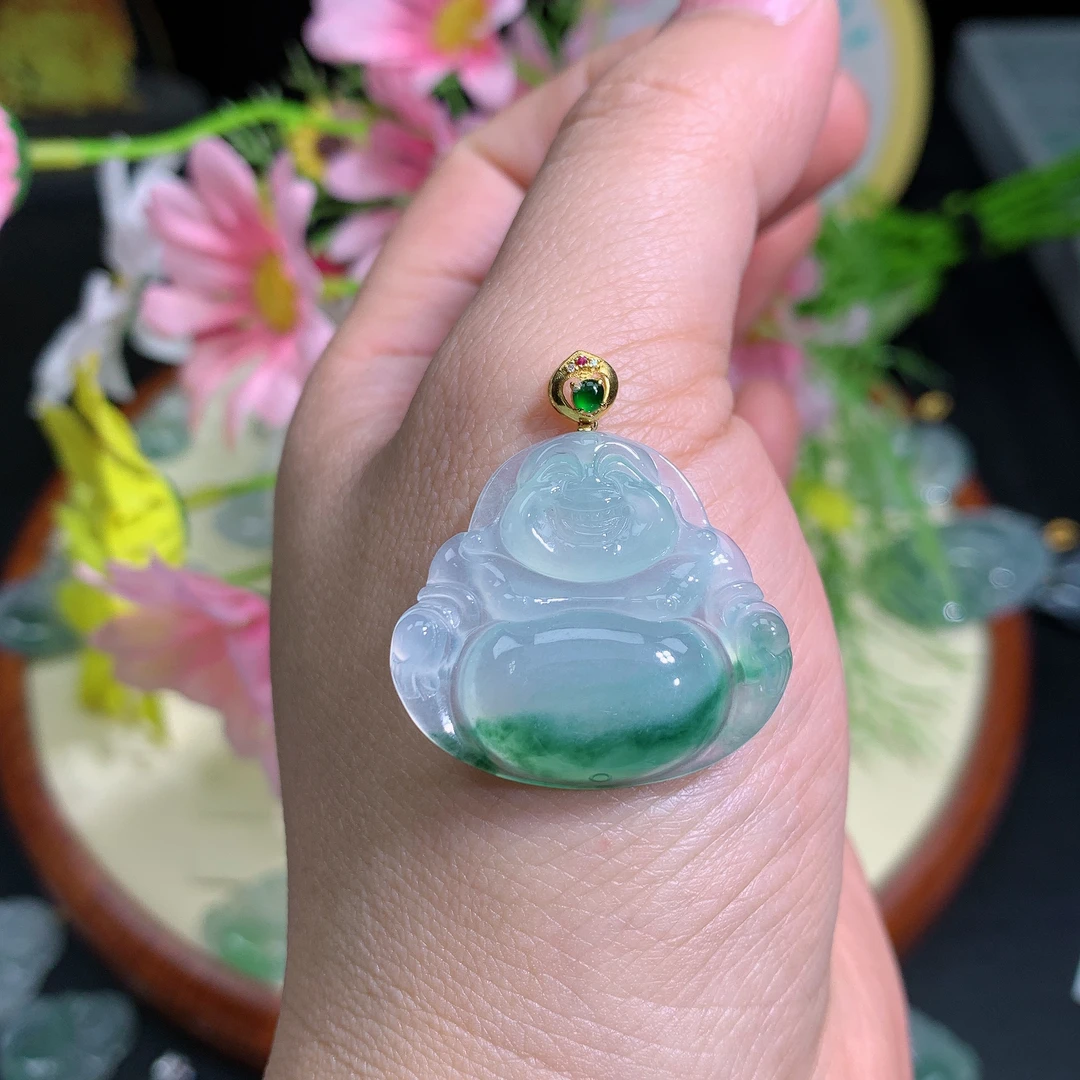 缅甸翡翠A货冰种满绿佛公27/29.8/6高冰精致百搭水润绿色冰绿百刘