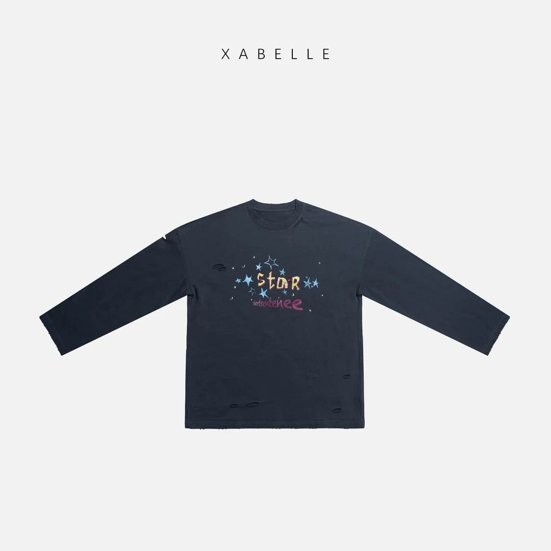 XABELLE 破洞T 带钻撞色印花 复古做旧边缘磨破长袖T恤24048
