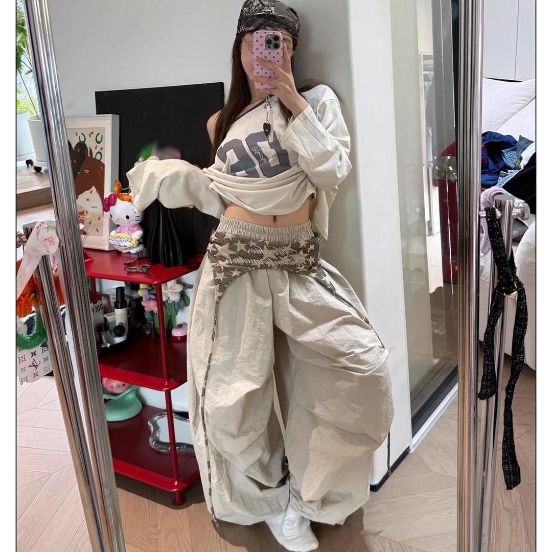 【网红炸街】2025夏季新款设计感美式辣妹叠穿速干工装裤女阔腿休