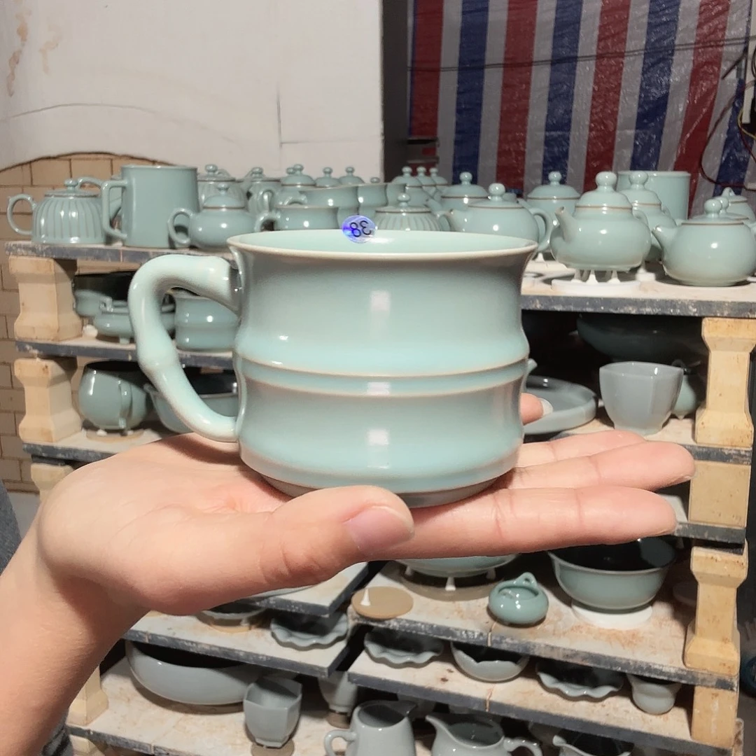 潮***t陶摆件汝瓷大竹节杯支钉烧仿古釉38