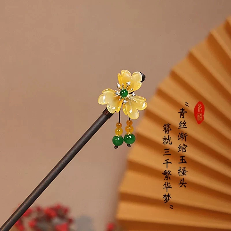 A古风木质发簪女汉服步摇流苏簪子新中式现代日常旗袍钗子1159