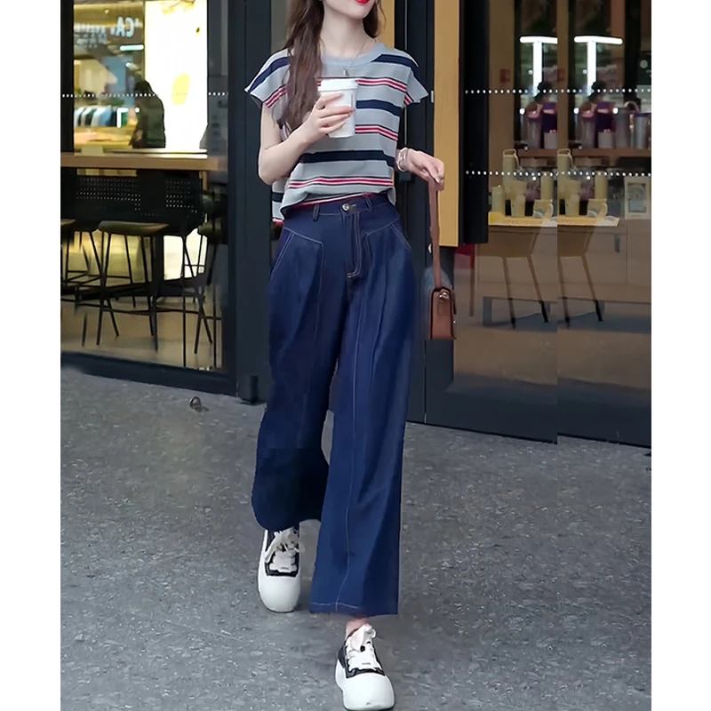 设计感休闲通勤风套装女2025夏季新款撞色条纹上衣牛仔裤两件套女