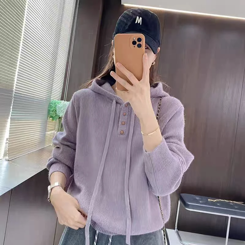 连帽不起球保暖针织秋季毛针织衫拼色厚款显瘦休闲风H863